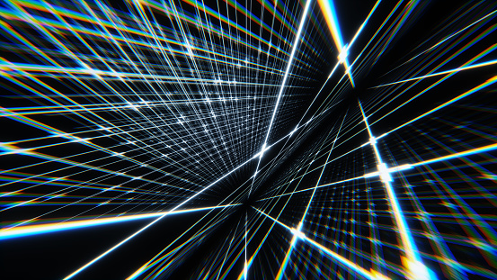 3d render, abstract digital background with glowing grid lines. And lens distortion, glitch effect