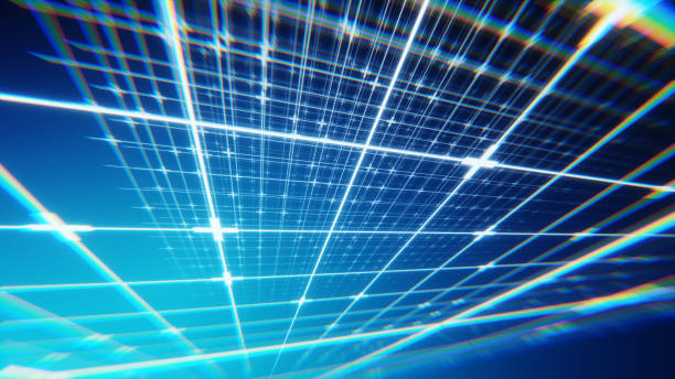 istock 3d render, abstract digital background with glowing grid lines. And lens distortion, glitch effect 1953153142