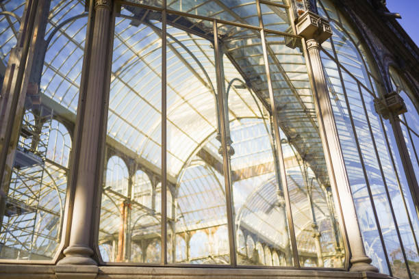 Close-up of the Crystal Palace's intricate glass and metal facade on January 20, 2024, in Madrid, Spain
