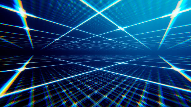 istock 3d render, abstract digital background with glowing grid lines. And lens distortion, glitch effect 1953166936