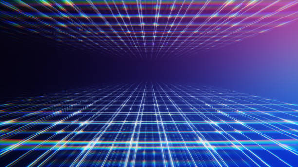 3d render, abstract digital background with glowing grid lines. And lens distortion, glitch effect