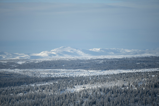 View from a ski slope at Kvitfjell Alpine Ski-resort in Norway in winter (February). Kvitfjell is known for hosting the men's and women's alpine speed events at the 1994 Winter Olympics.