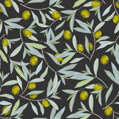 Green olives with Green leaves on Black background. Seamless pattern for fabric or wrapping paper.