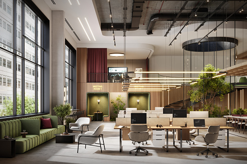3d image of large open space coworking office interior. Digital generated image of a modern office space large working area.