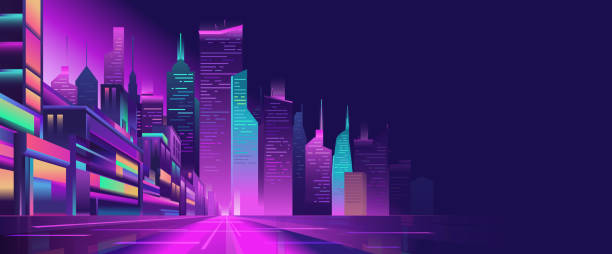 istock Night big city street with glowing blue and purple neon lights, perspective view, panoramic skyline of houses and skyscrapers, vector illuminated urbanism, horizontal banner 1953273600