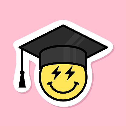 smiling face with lightning bolt eyes wearing graduation hat sticker, yellow symbol with black outline, cute smile sticker on pink background, simple vector design element