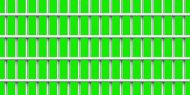Vector illustration of Shiny metal prison bars isolated on green chroma key. Detailed jail cage, prison iron fence. Criminal background mockup. Vector illustration