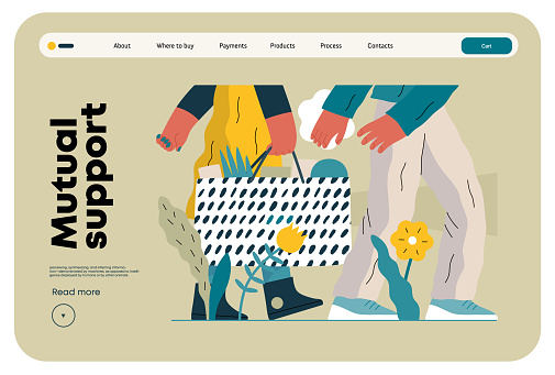 Mutual Support: Picking Up the Dropped Item -modern flat vector concept illustration of a woman carrying shopping bag being assisted by man. Metaphor of voluntary, collaborative exchanges of services