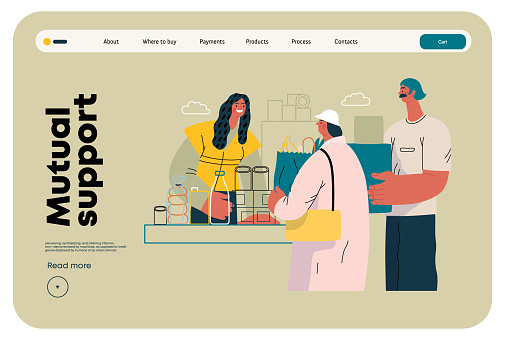 Mutual Support: Bringing groceries to food bank -modern flat vector concept illustration of people donating food to food pantry A metaphor of voluntary, collaborative exchanges of resource, services