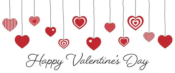 Vector illustration of Happy Valentine’s Day. Greeting card with hanging hearts.