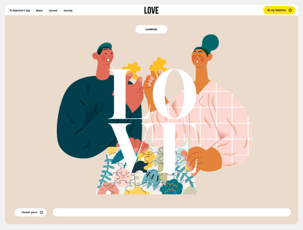 Valentine series flat vector illustration Valentine: Unexpected Match -modern flat vector concept illustration of a couple with duplicate puzzle pieces, a twist in their completion. Metaphor for life's surprising coincidences in relationships unusual couple stock illustrations