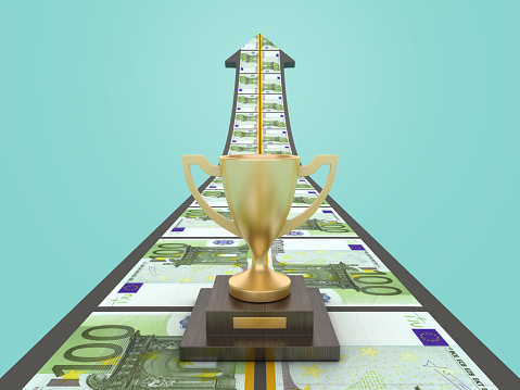 3D Trophy with Euro Bank Notes Arrow Road - Color Background - 3D Rendering