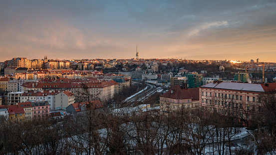 Sunny winter morning in Prague. A view on beautiful cityscape.