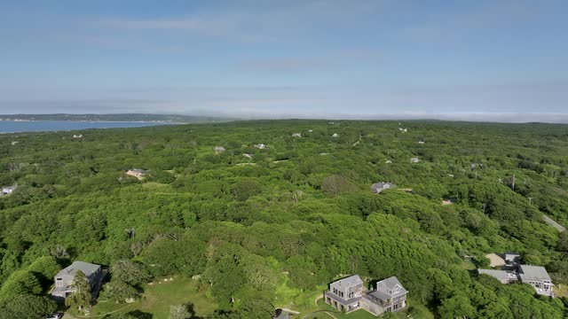 Rising drone shot of the forests covering Martha's Vineyard with the occasional rural house.