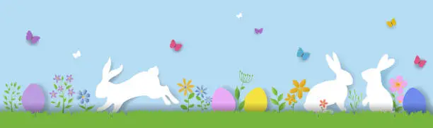 Vector illustration of Happy Easter Border With Flower And Rabbit Blu Sky