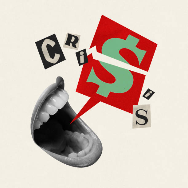 istock Visual for social media campaign about investment risks during economic crises. Contemporary art collage. Female mouth shouting word crises 1953371125