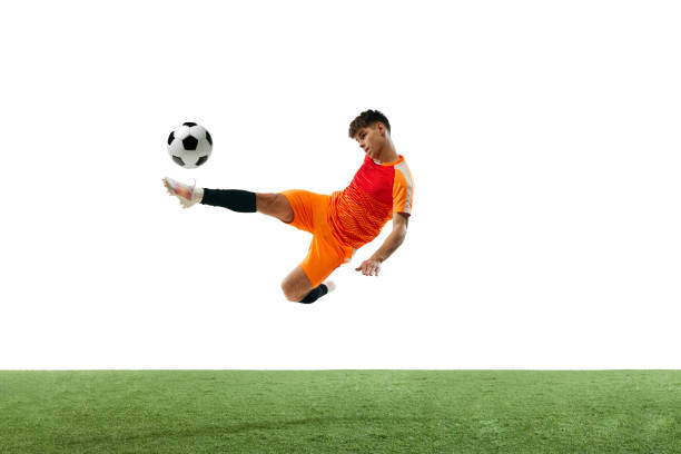 Professional Soccer Football Match Championship Event: Blue Team Attacks, Black Forward Masterfully Dribbles on an International Tournament. Television Channel Broadcast Concept.