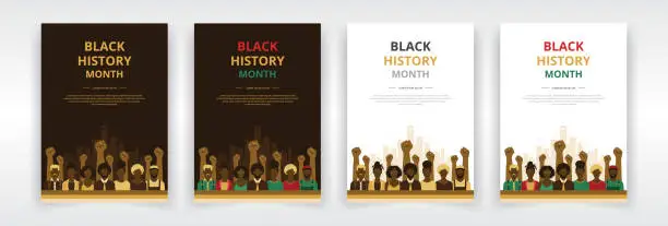 Vector illustration of Poster, flyer, or report cover templates featuring African American people in front of background of power fists and cityscape. Ideal for Black History Month programs