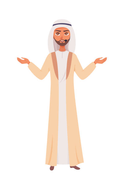 Presentation of arabian business man. Muslim male with microphone. Office, work, lecture, seminar. Cartoon vector illustration isolated on white. Saudi teacher, manager Presentation of arabian business man. Muslim male with microphone. Office, work, lecture, seminar. Cartoon vector illustration isolated on white. Saudi teacher, manager. oman cartoon stock illustrations