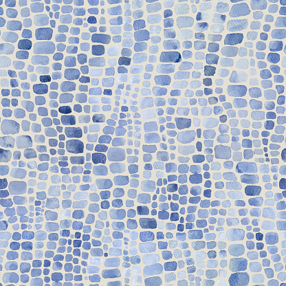 Abstract crocodile reptile scales blue navy and milky white watercolor seamless background. Watercolour hand drawn animal skin print. Geometrical texture. Print for textile, wallpaper, wrapping paper.