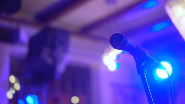 Music concert. Song, music concept. Microphone on stage. Karaoke, night club, bar. stock photo