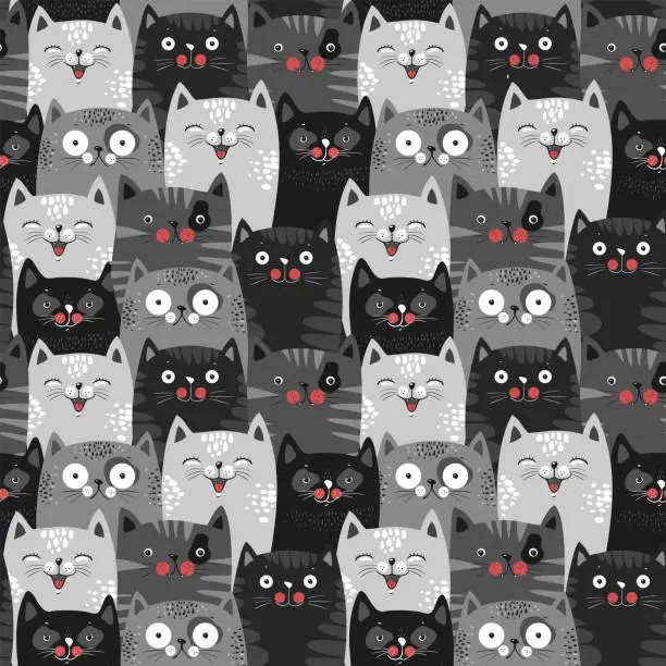 Vector illustration of Cute grey cats seamless pattern