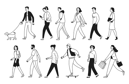 People walk and do things. Men, women and teenagers are walking, skateboarding, walking the dog, looking at the phone. Vector illustration isolated in doodle style