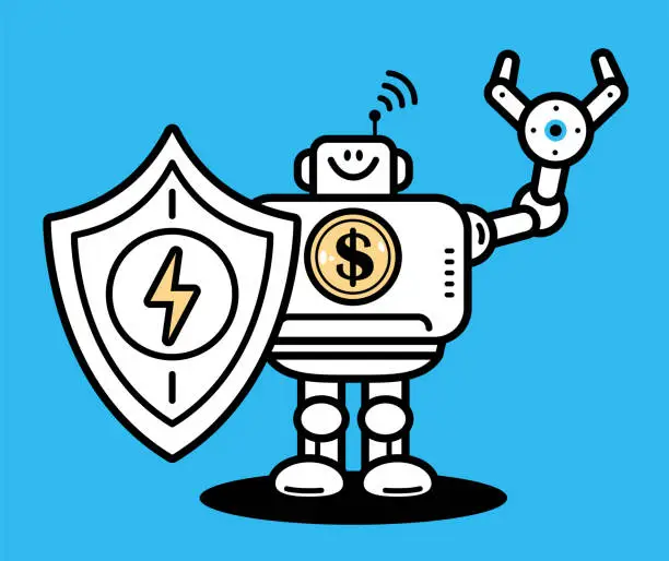 Vector illustration of Guardian of Investments, an AI Financial Analyst Robot holding a powerful shield