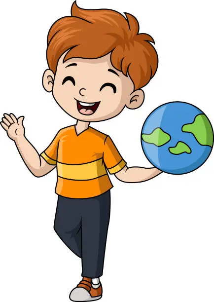 Vector illustration of Cute little boy cartoon holding a globe