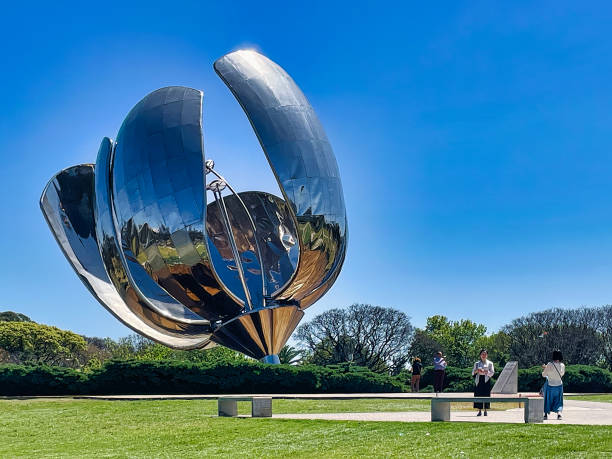 buenos aires, Argentina - 27 October 2022: a modern stainless steel sculpture in a park near the law faculty in the united nations park