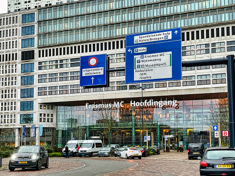 Den Haag, Netherlands - December 30 2021: the entrance of the biggest university hospital of the city the Erasmus MC