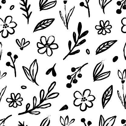 Abstract flower doodle brush seamless pattern. Sketch hand drawn spring floral plant,  nature graphic leaf, scribble grunge brush texture black and white ink seamless pattern. Vector illustration