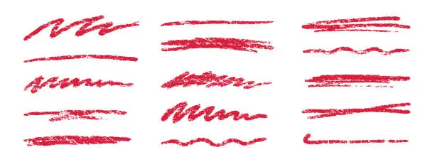 Vector illustration of Crayon brush stroke red underline. Chalk pen highlight stroke. Vector hand drawn brush underline element set for accent, crayon texture emphasis element. Red chalk vector