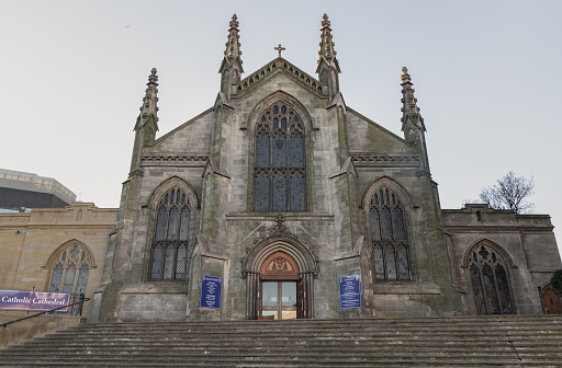 Edinburgh, Scotland - Jan 18, 2024 - Facade of St Maryâs Catholic Cathedral in Edinburgh. Space for text, Selective focus.