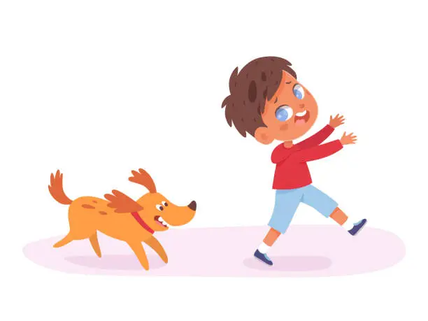 Vector illustration of Kids fears vector illustration. Scared boy run away from dog. Children afraid dogs. Young male person with childish phobia. Cynophobia. Kid psychologic support and therapy