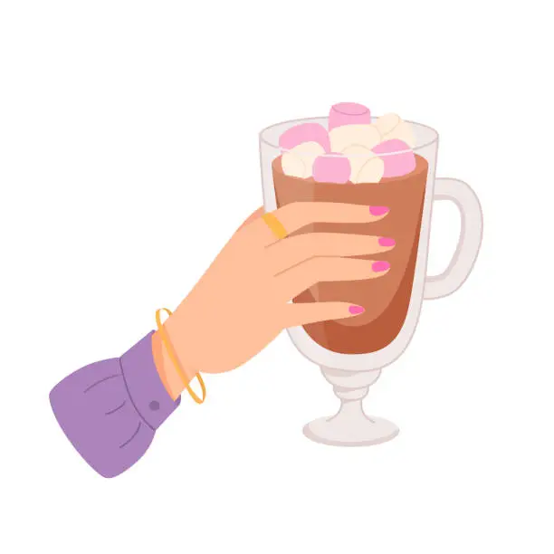 Vector illustration of Woman hand holding glass with chocolate and marshmallows. Hot drink for breakfast, break, winter evening in cup. Cartoon vector illustration isolated on white background