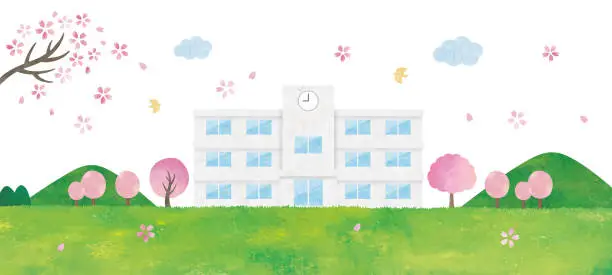 Vector illustration of View of school building, cherry blossoms and meadow
