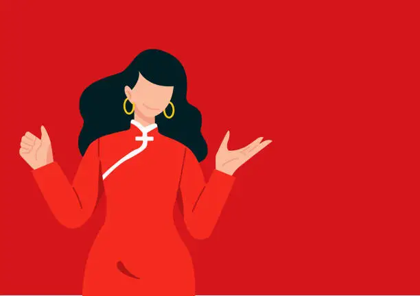 Vector illustration of Flat vector, character design, cartoon style illustration, woman in red Chinese traditional dress standing with her hands out in the air and space for subject, Chinese New Year concept