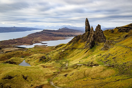Scene of the Cuith-raing mountain range on the Isle of Skye in Scotland, often called Quiraing.