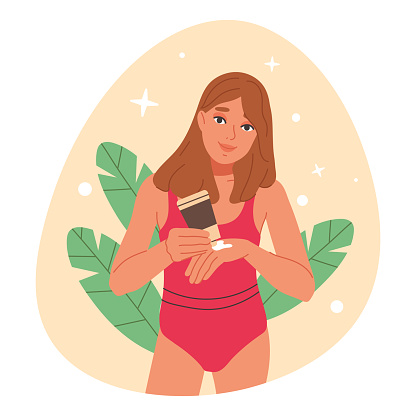 Girl applying spf. Beautiful lady in red swimsuit use body cream, young woman skin care routine flat vector illustration. Female character vacay beauty routine