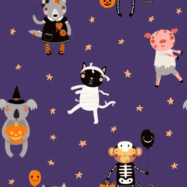 Vector illustration of Halloween cute animals seamless pattern