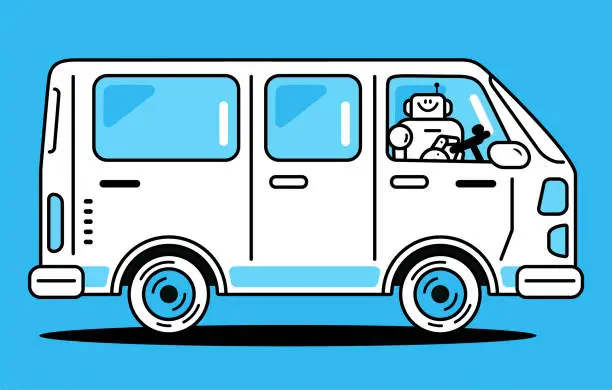 Vector illustration of An Artificial Intelligence Robot driving a van, shuttle bus, school bus, or motor home, Autonomous Transportation Revolution, Safe and Smart Mobility