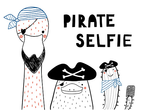 Hand drawn portrait of a cute funny platypus, flamingo, cactus in pirate hats, taking selfie. Isolated objects on white background. Line drawing. Vector illustration. Design concept for children print