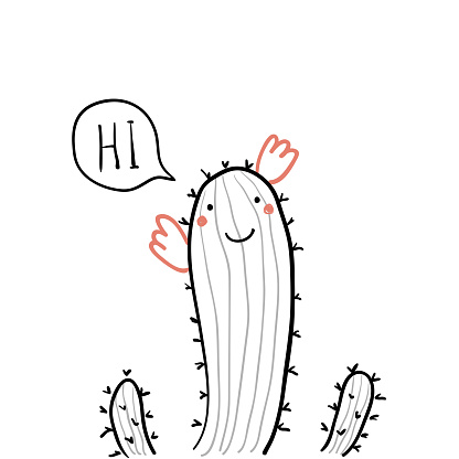 Hand drawn portrait of a cute funny cactus, saying Hi. Isolated objects on white background. Line drawing. Vector illustration. Design concept for children print.