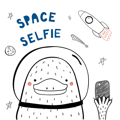 Hand drawn portrait of a cute funny platypus in space with a smart phone, taking selfie. Isolated objects on white background. Line drawing. Vector illustration. Design concept for children print.