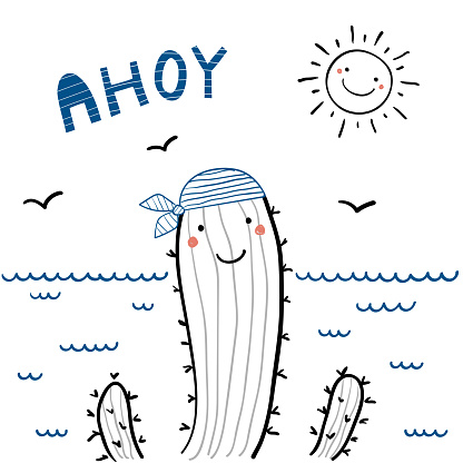 Hand drawn portrait of a cute funny sailor cactus in striped bandana, with text Ahoy. Isolated objects on white background. Line drawing. Vector illustration. Design concept for children print.