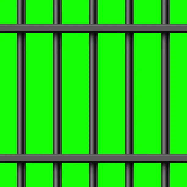 Vector illustration of Black metal prison bars on green chroma key background. Detailed jail cage, prison iron fence. Criminal background mockup. Vector illustration