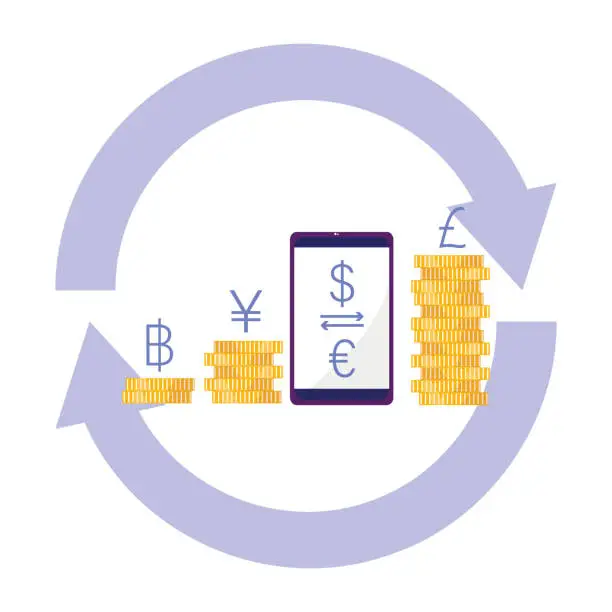 Vector illustration of Currency exchange. Technology of online currency trading. Global stock market