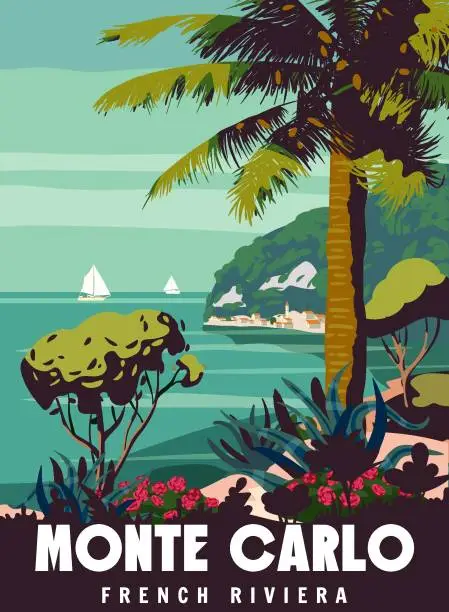 Vector illustration of French Riviera Monte Carlo Retro Poster. Tropical coast scenic view, palm, Mediterranean marine