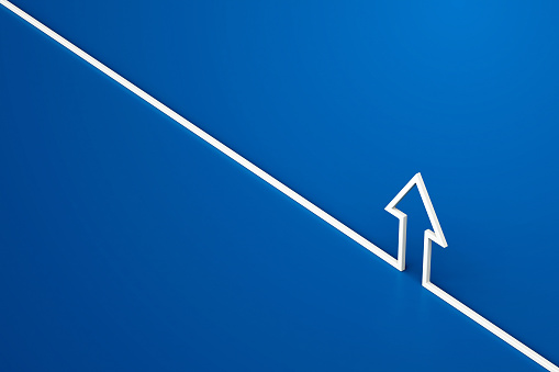Isometric 3d white arrow line going up on blue background, Business concept of goals, 3d rendering